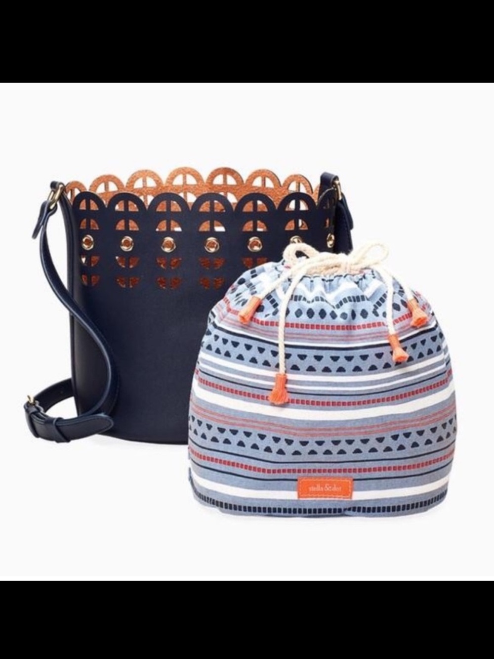 Stella & Dot Navy Laser-Cut Bucket Bag with Striped Drawstring Pouch